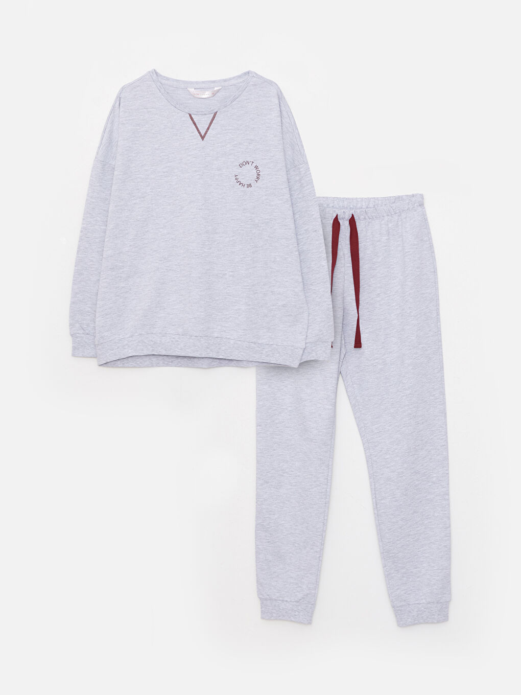 Gri Bisiklet Yaka Baskılı Uzun Kollu Kadın Pijama Takımı-6