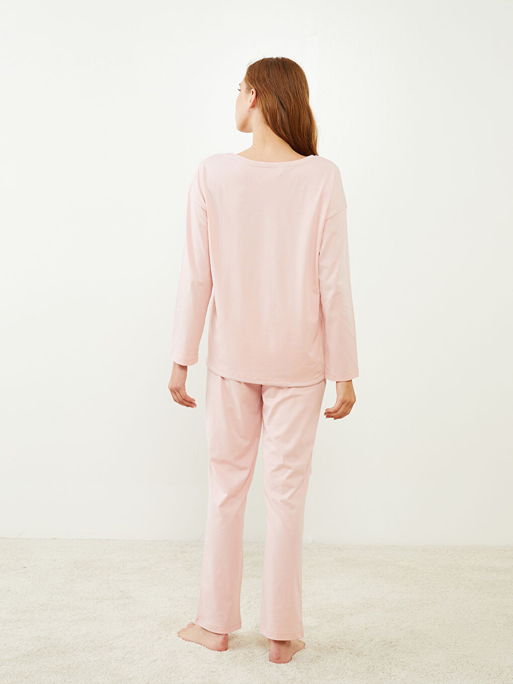 طقم بيجاما قطن كم طويل مطبوع برقبة دائرية للسيدات-4