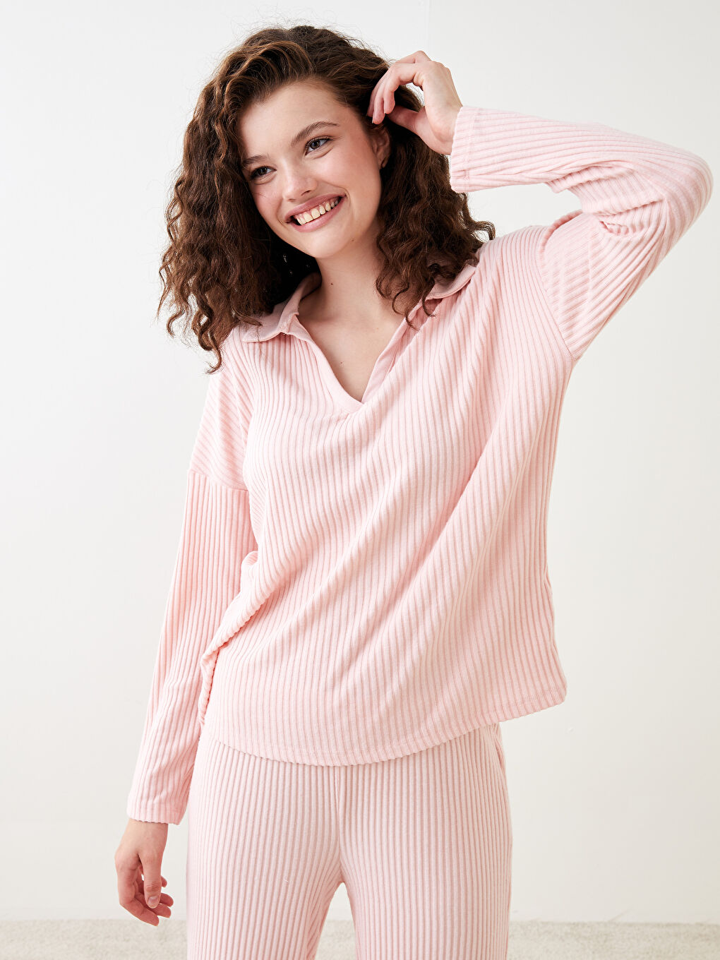 Polo Collar Straight Long Sleeve Women's Pajamas Set