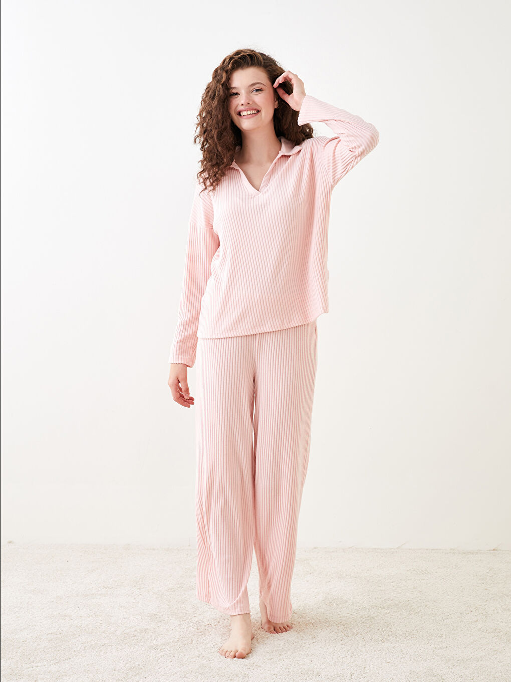 Polo Collar Straight Long Sleeve Women's Pajamas Set-1