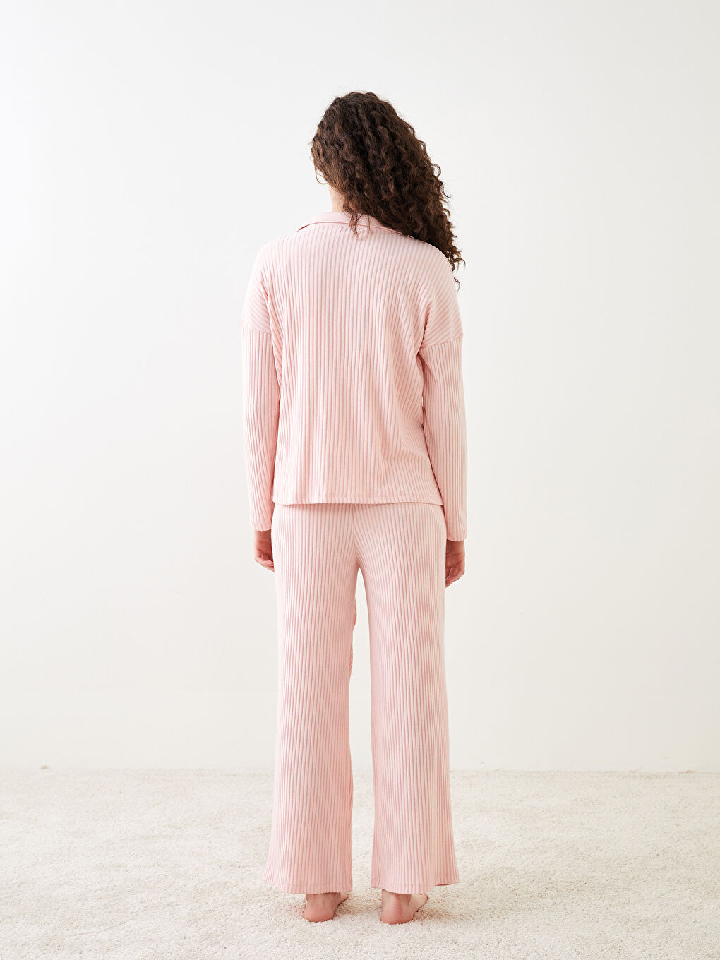 Polo Collar Straight Long Sleeve Women's Pajamas Set-4