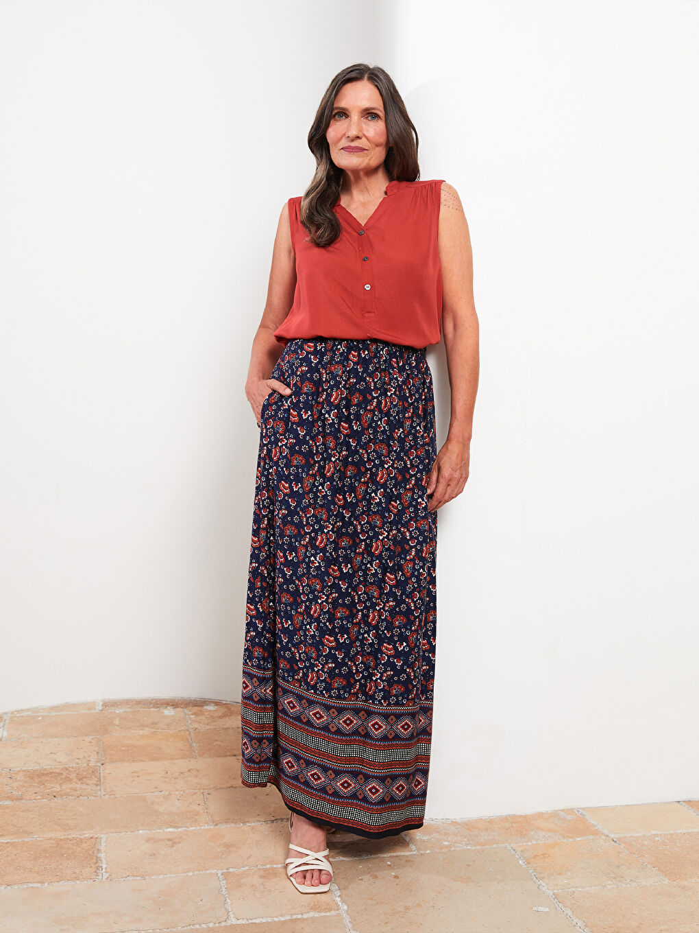 İndigo Beli Lastikli Desenli A Kesim Viskon Kadın Etek