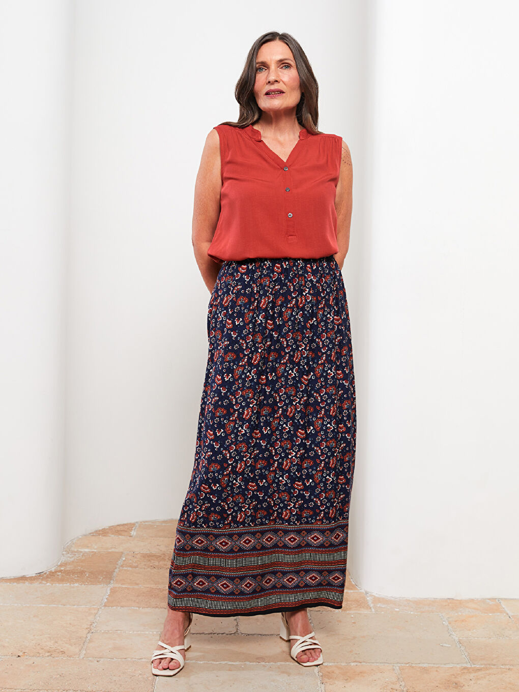 İndigo Beli Lastikli Desenli A Kesim Viskon Kadın Etek-1