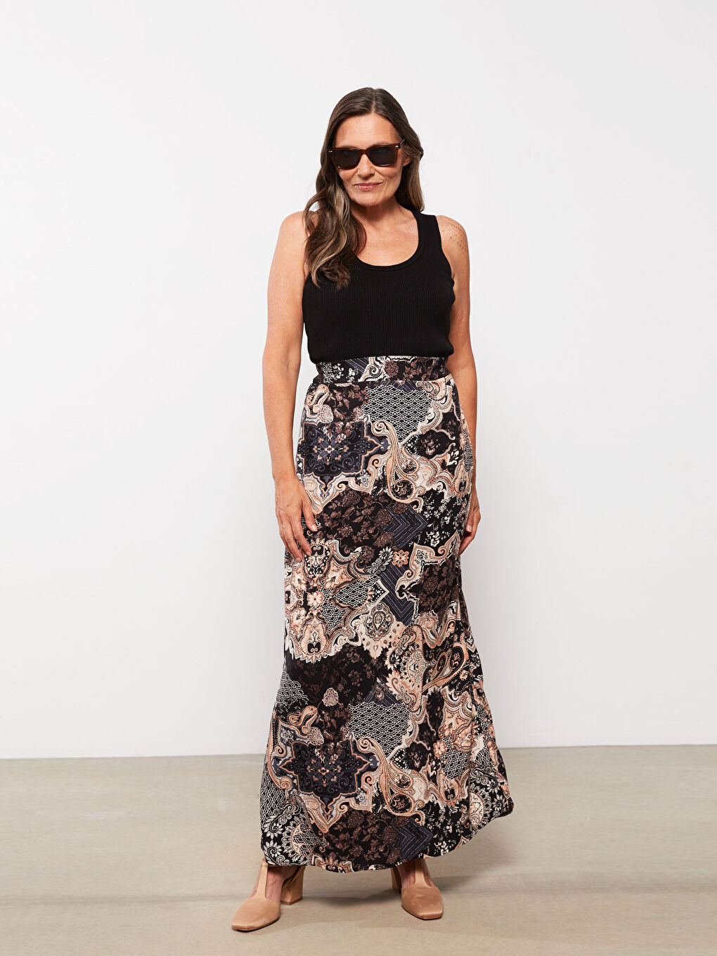 Bej Beli Lastikli Desenli Viskon Kadın Etek-1