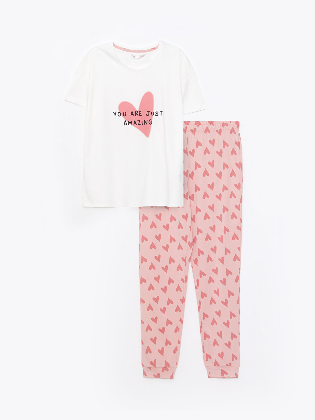 Pembe Bisiklet Yaka Baskılı Kısa Kollu Pamuklu Kadın Pijama Takımı-5