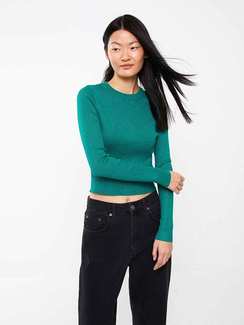 Crew Neck Plain Long Sleeve Women's Knitwear Sweater -W25269Z8-H1N