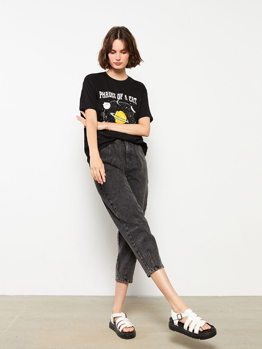 әйелдерге арналған биік белді салбыраған түзу джинс шалбар-1