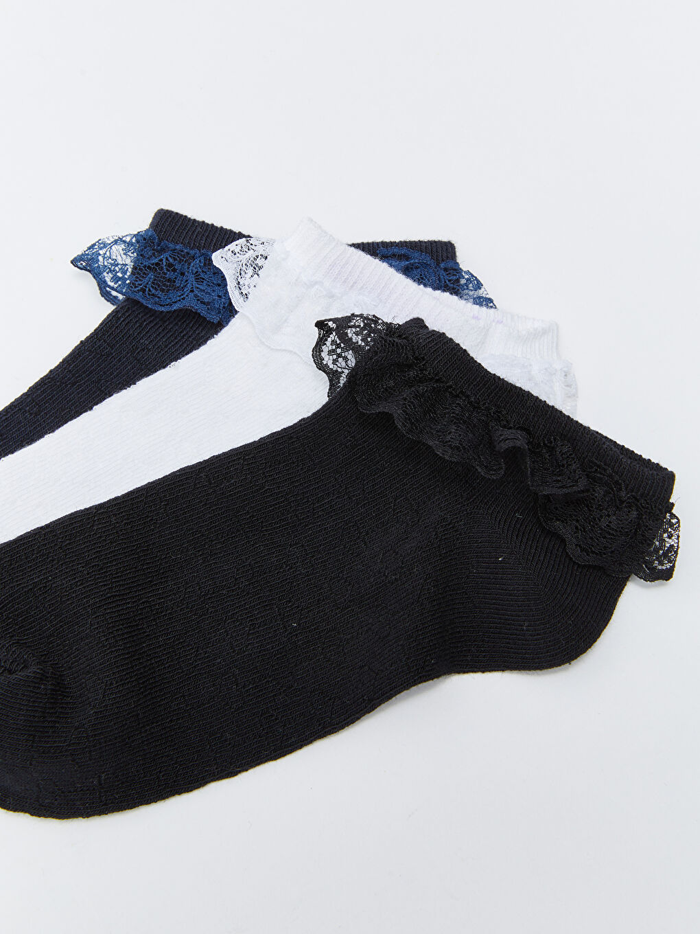Siyah Dantel Detaylı Kız Çocuk Patik Çorap 3'lü-2
