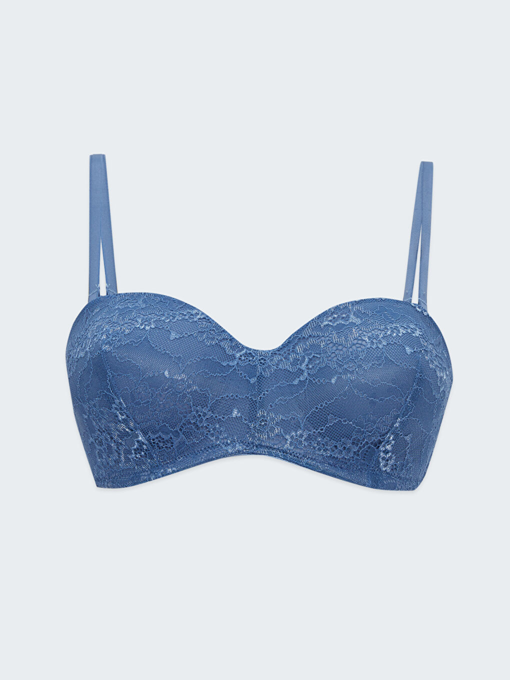 Mavi Balenli Dolgusuz Dantelli Straplez Sütyen