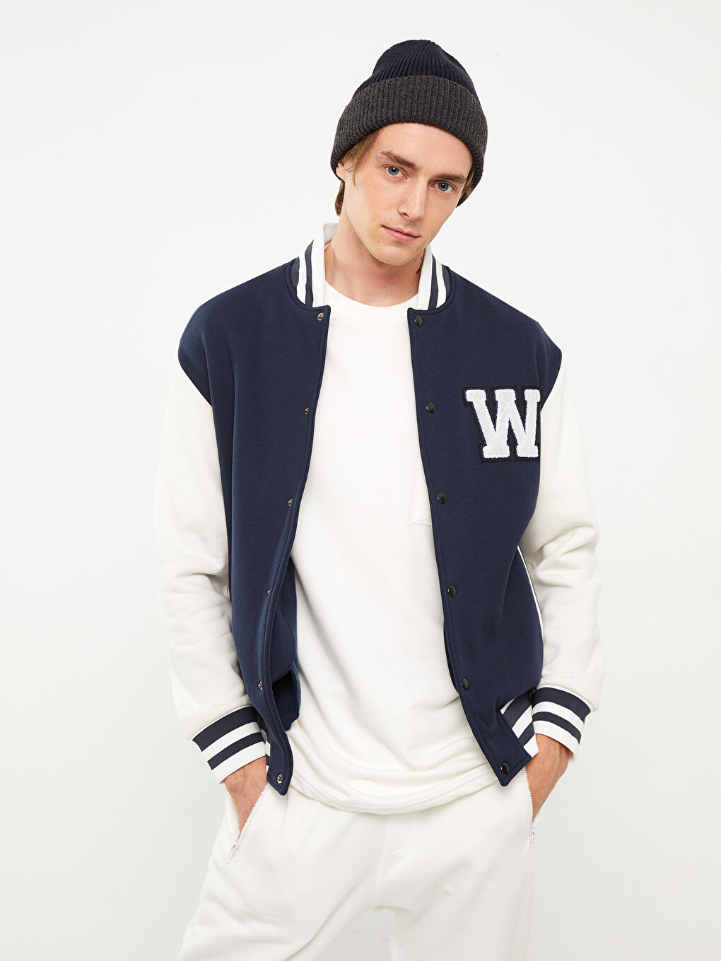 Lacivert Standart Kalıp Kolej Yaka Bomber Erkek Mont