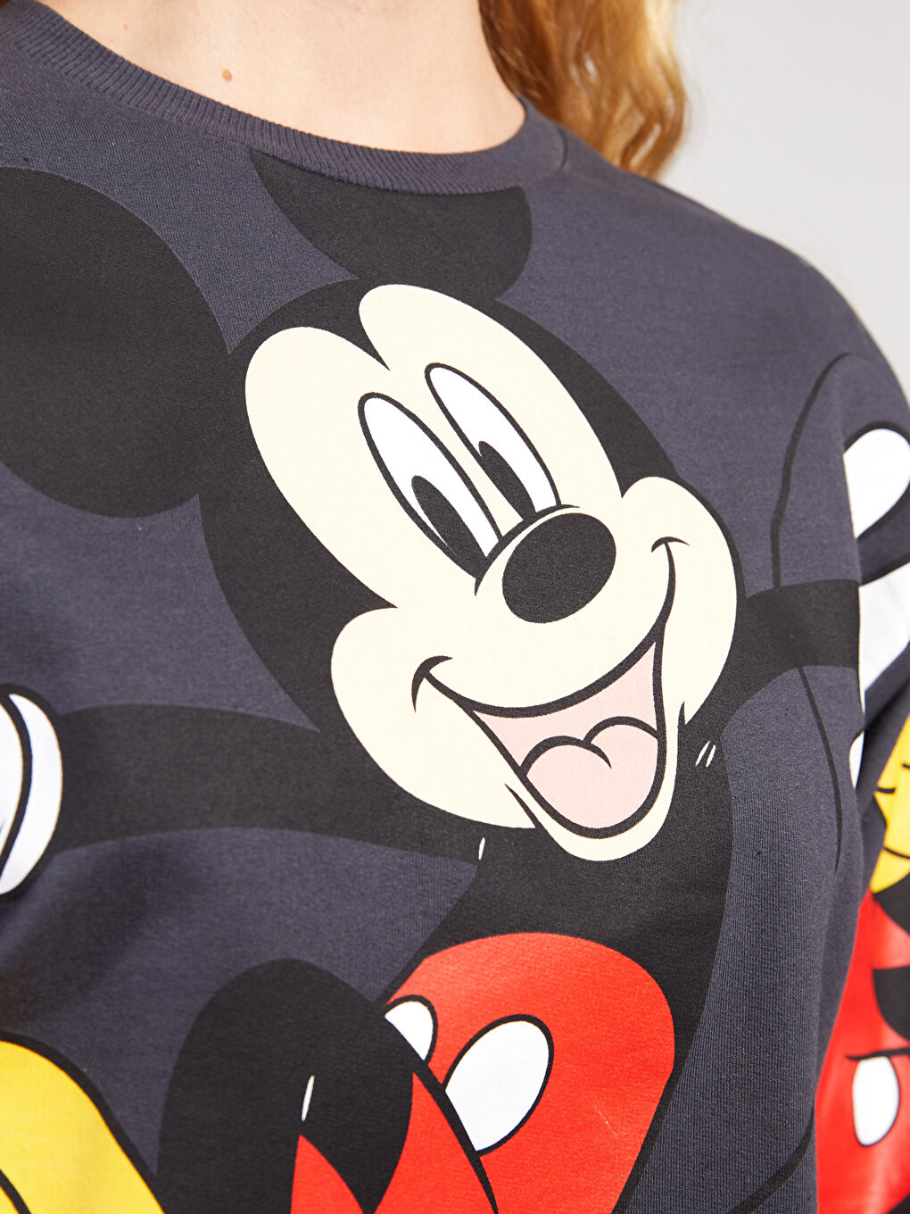 Antrasit Bisiklet Yaka Mickey Mouse Baskılı Uzun Kollu Pamuklu Kadın Sweatshirt-3