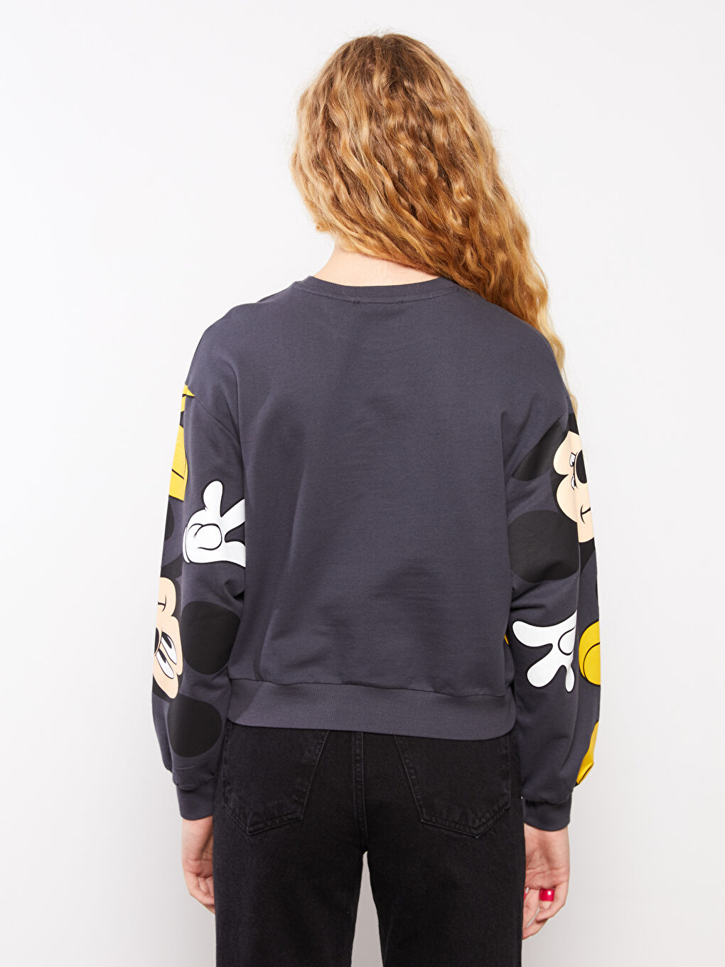 Antrasit Bisiklet Yaka Mickey Mouse Baskılı Uzun Kollu Pamuklu Kadın Sweatshirt-4