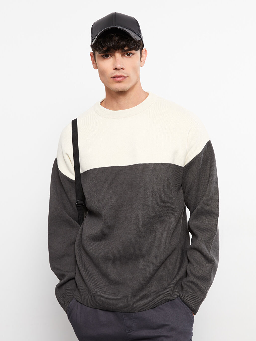 Antrasit Bisiklet Yaka Uzun Kollu Renk Bloklu Erkek Triko Kazak-1