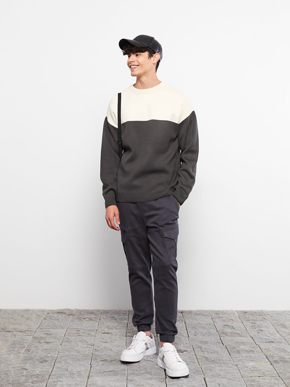 Antrasit Bisiklet Yaka Uzun Kollu Renk Bloklu Erkek Triko Kazak-2