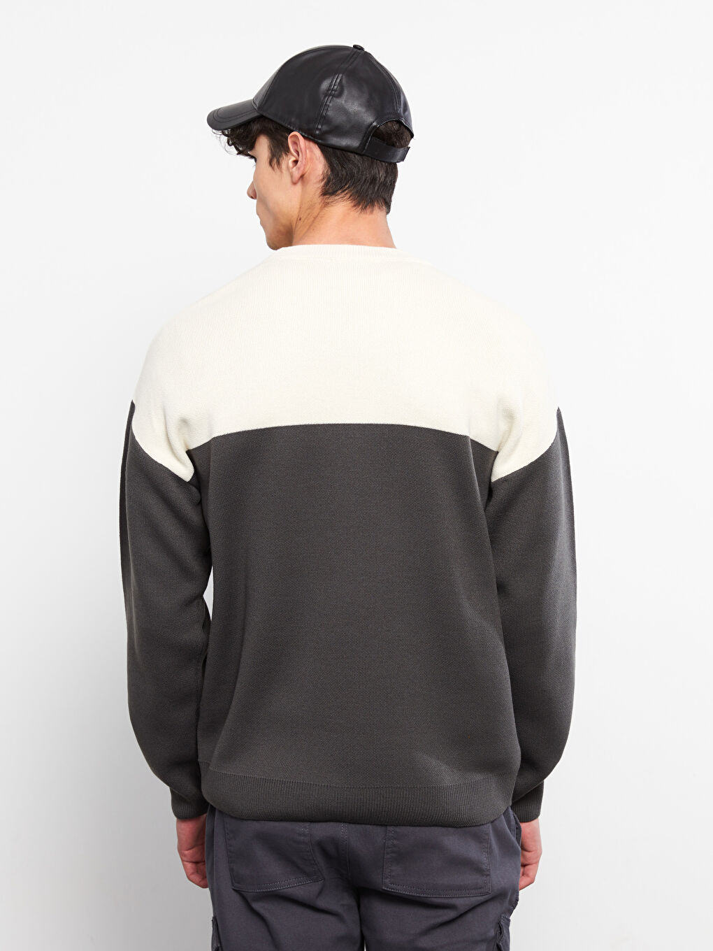 Antrasit Bisiklet Yaka Uzun Kollu Renk Bloklu Erkek Triko Kazak-4