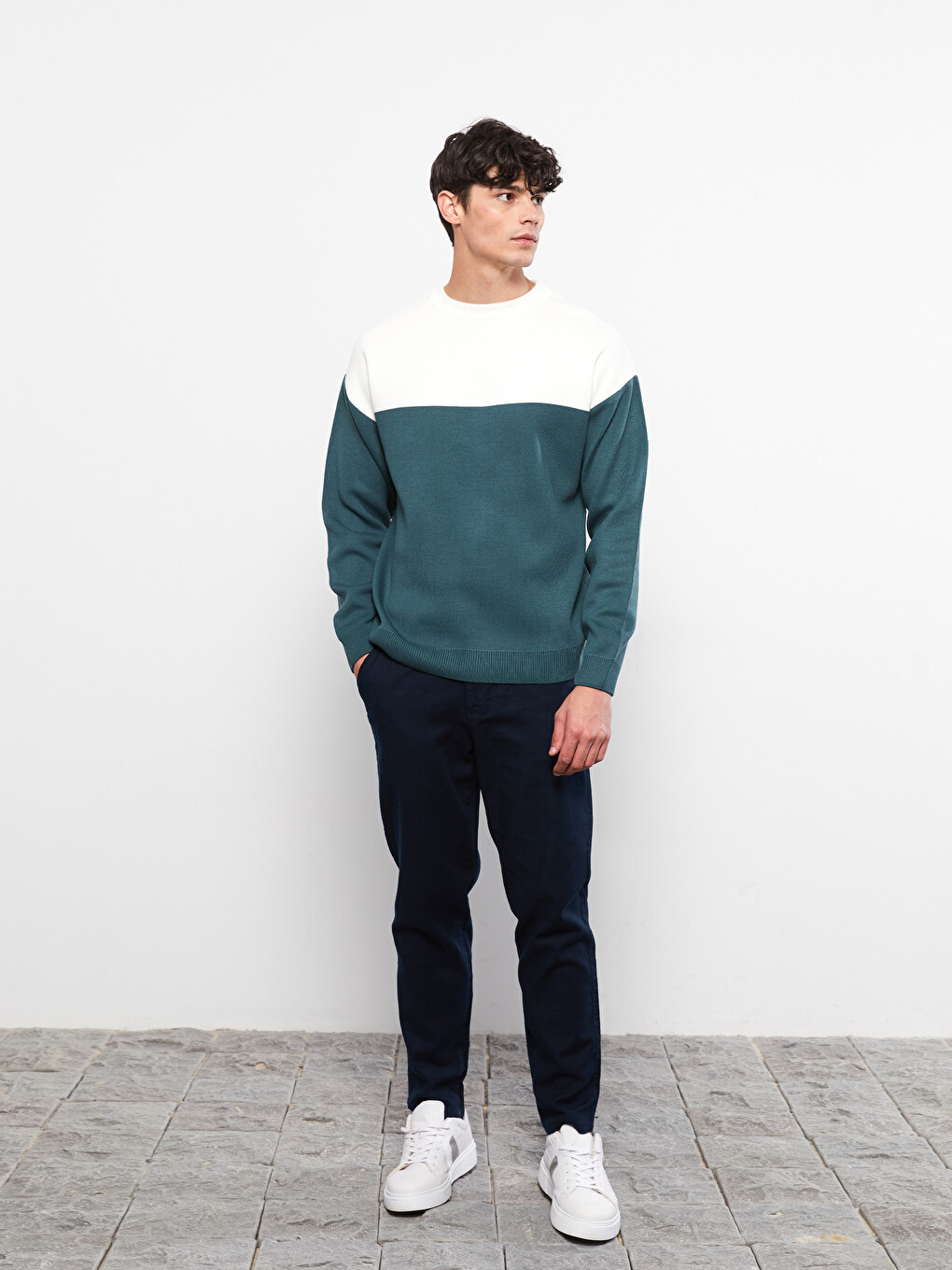 Crew Neck Long Sleeve Color Block Men's Knitwear Sweater