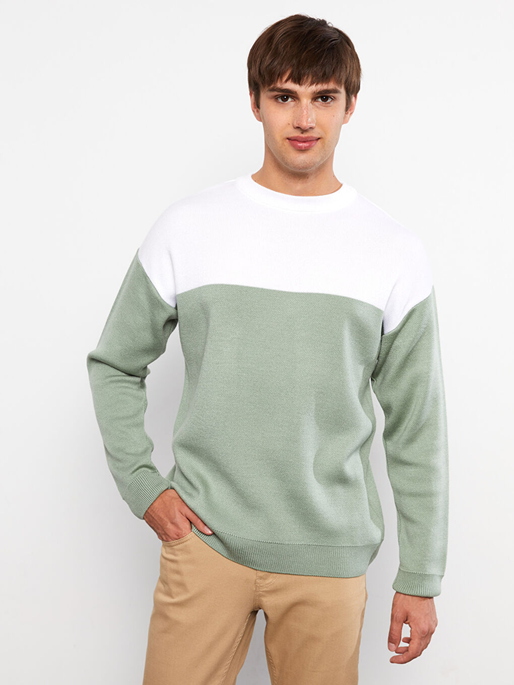 Crew Neck Long Sleeve Color Block Men's Knitwear Sweater
