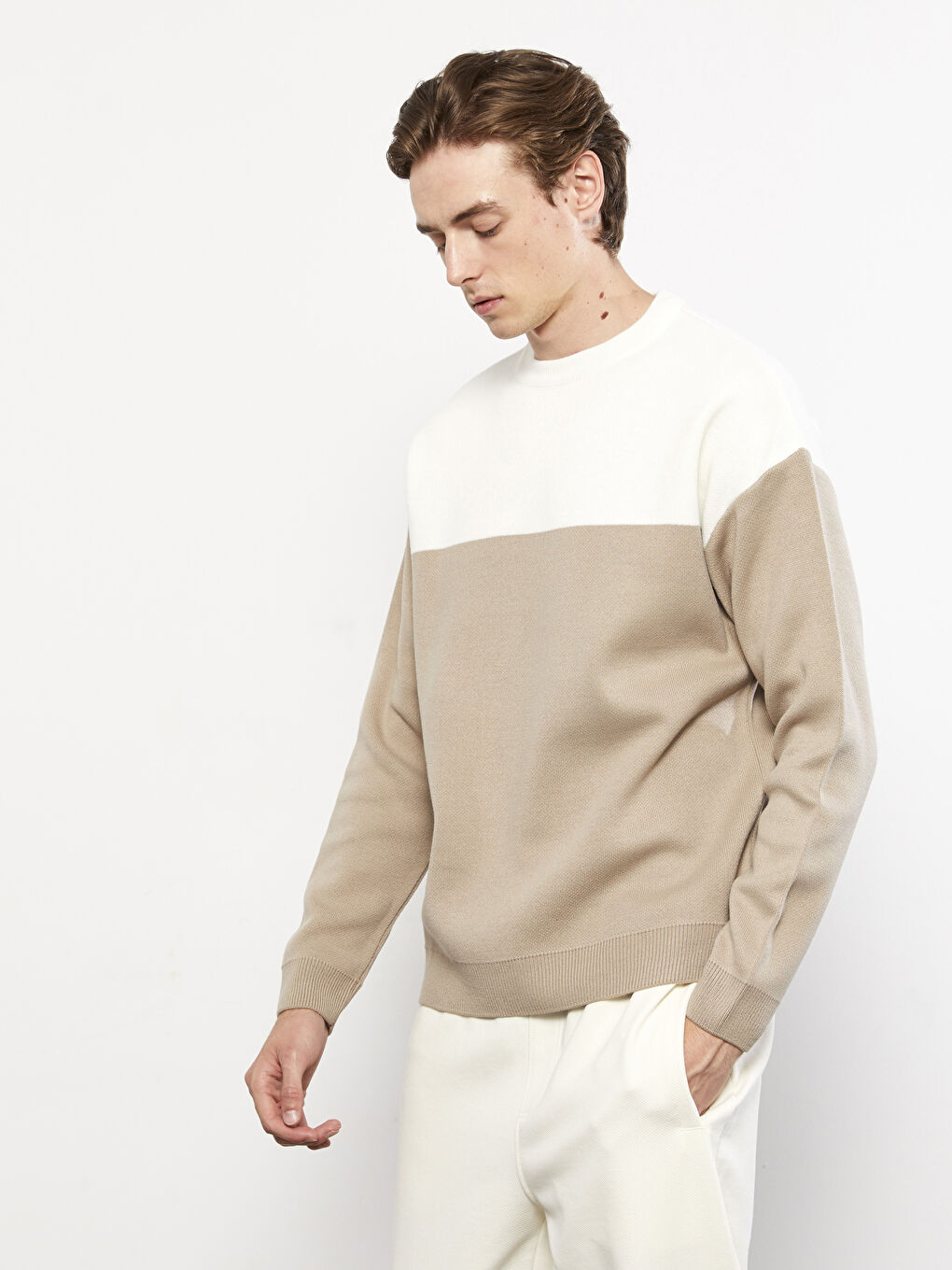 Crew Neck Long Sleeve Color Block Men's Knitwear Sweater -W25401Z8-RBZ