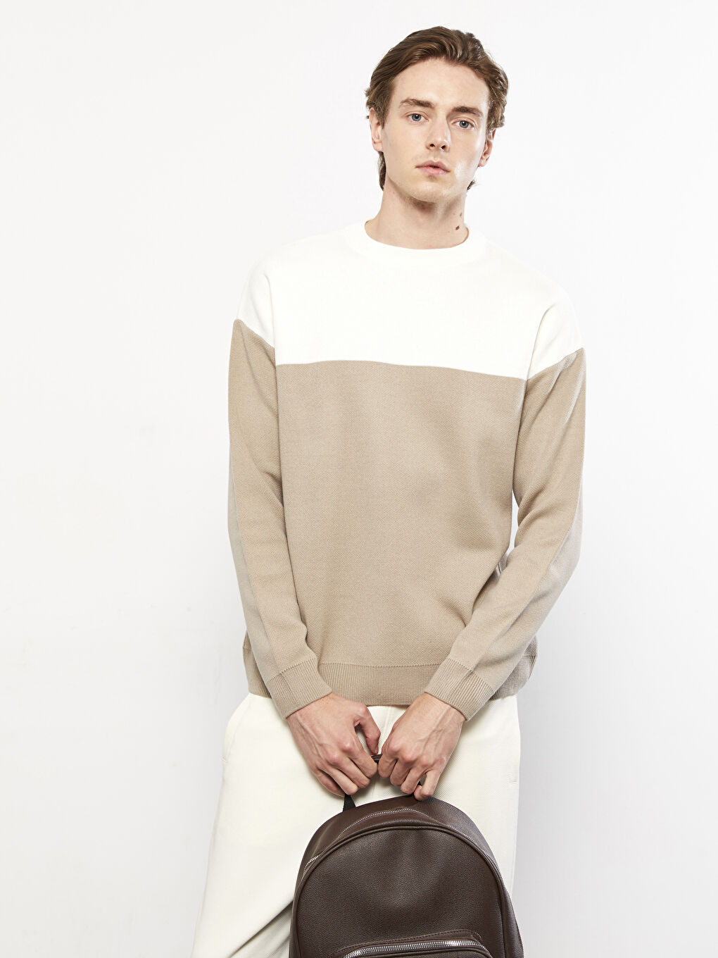 Crew Neck Long Sleeve Color Block Men's Knitwear Sweater -W25401Z8-RBZ