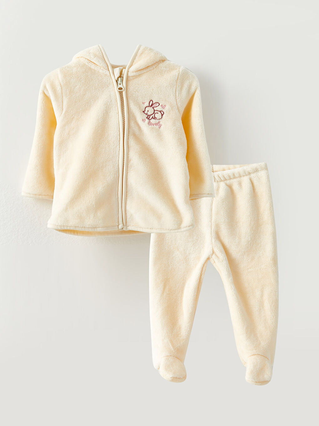 Ekru Kapüşonlu Uzun Kollu Pelüş Kız Bebek Fermuarlı Sweatshirt ve Pantolon 2'li Takım