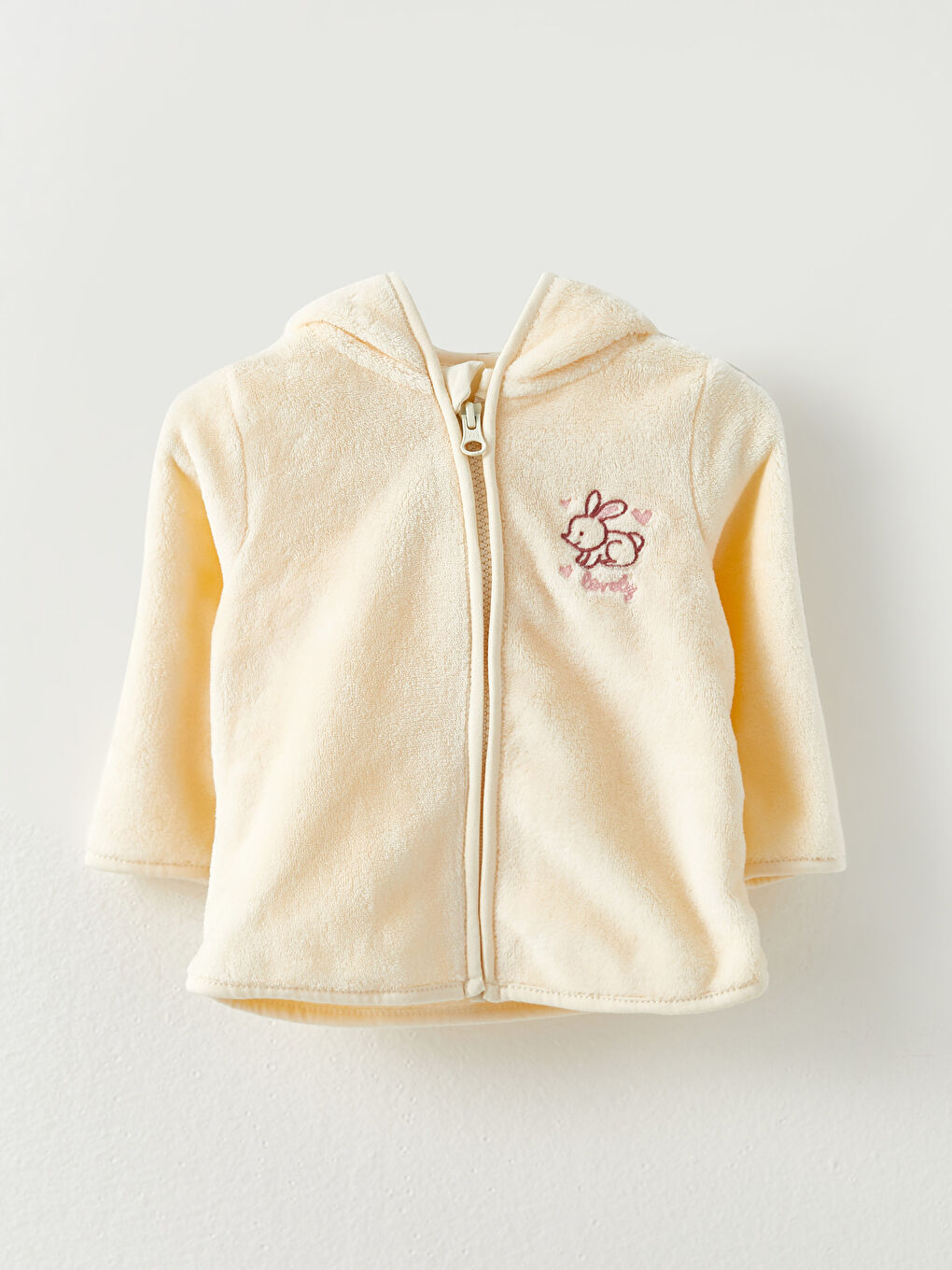 Ekru Kapüşonlu Uzun Kollu Pelüş Kız Bebek Fermuarlı Sweatshirt ve Pantolon 2'li Takım-1