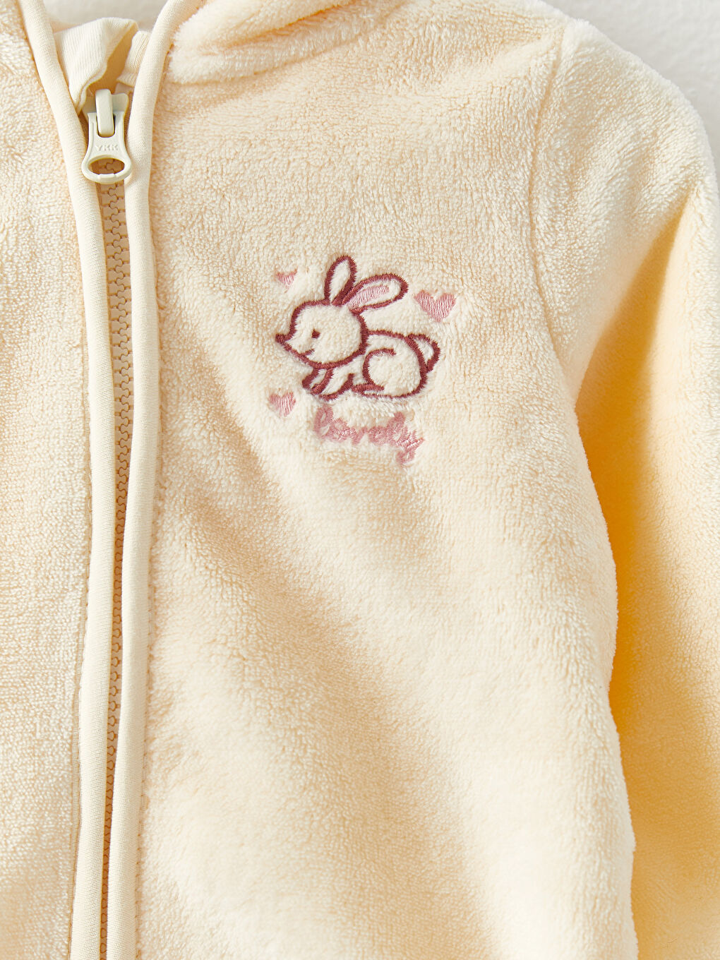 Ekru Kapüşonlu Uzun Kollu Pelüş Kız Bebek Fermuarlı Sweatshirt ve Pantolon 2'li Takım-4