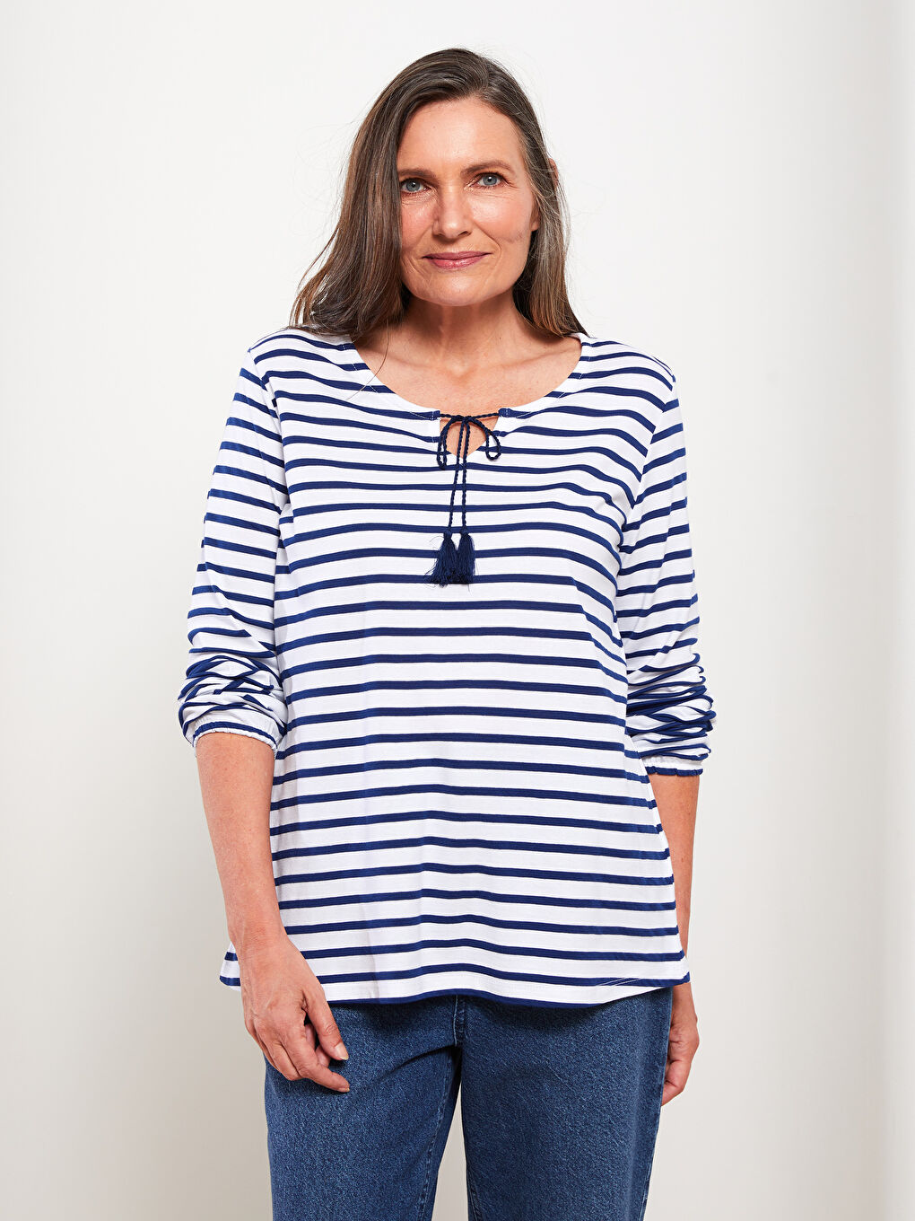 Lacivert Bağlamalı Yaka Çizgili Uzun Kollu Kadın Bluz-1