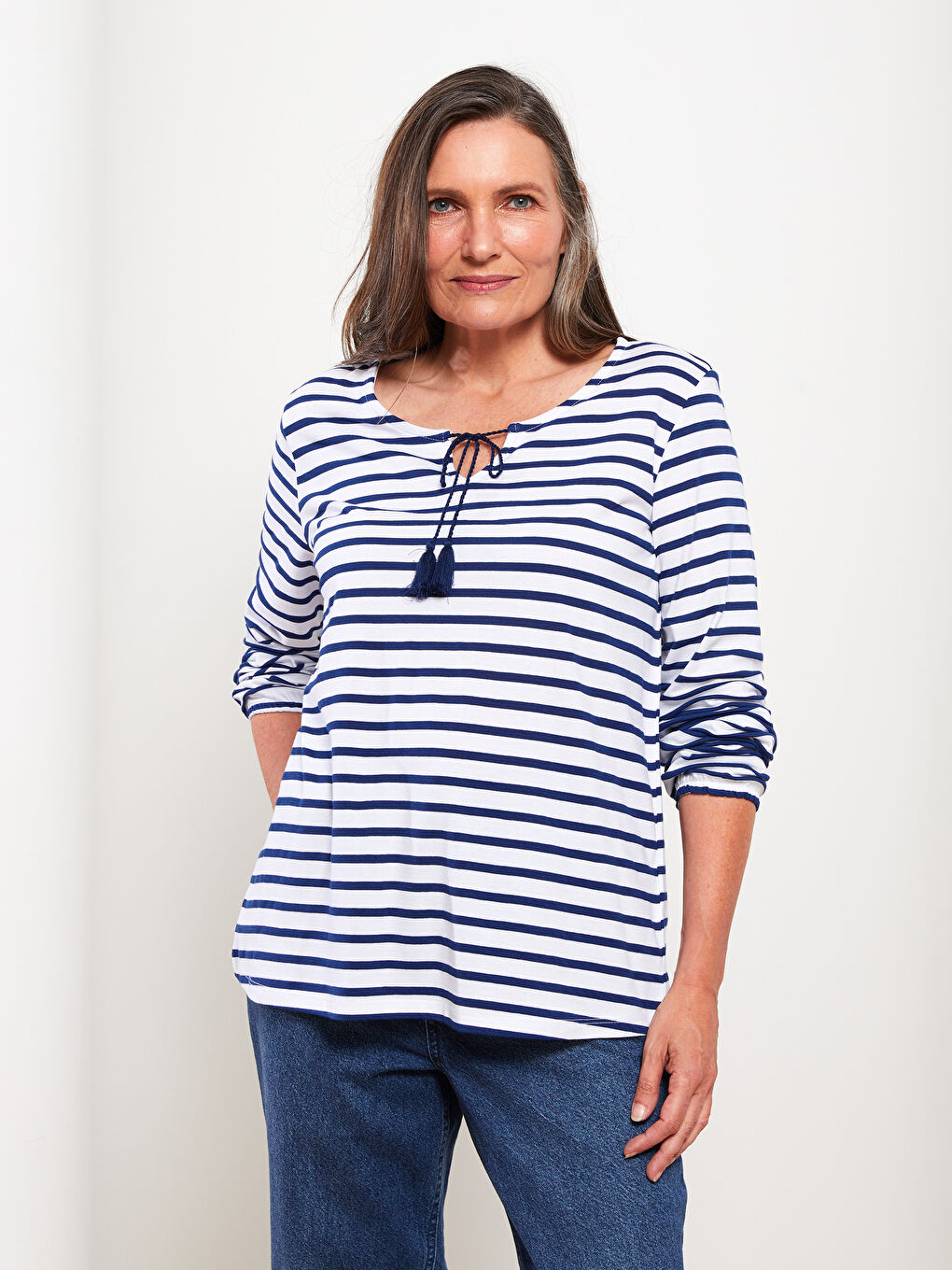 Lacivert Bağlamalı Yaka Çizgili Uzun Kollu Kadın Bluz-2