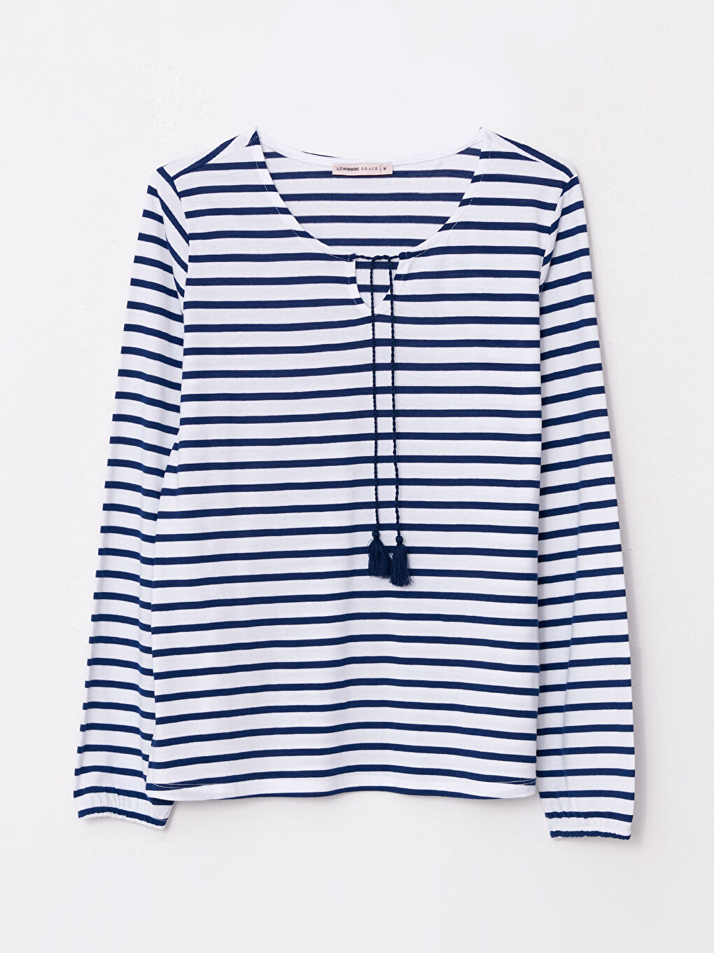 Lacivert Bağlamalı Yaka Çizgili Uzun Kollu Kadın Bluz-5