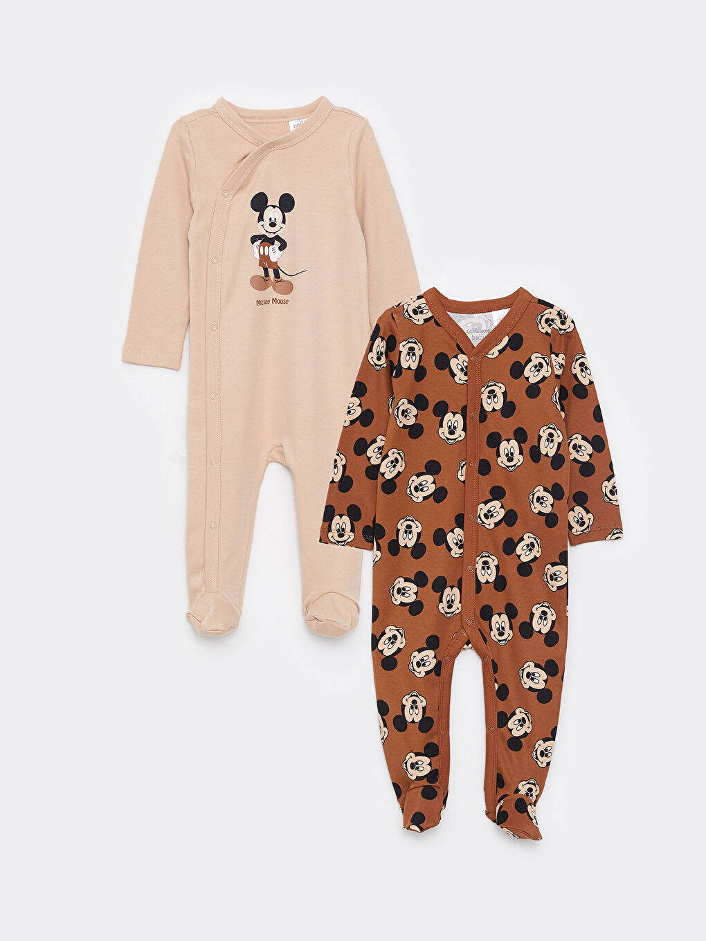 Bej Uzun Kollu Mickey Mouse Baksılı Pamuklu Erkek Bebek Tulum 2'li