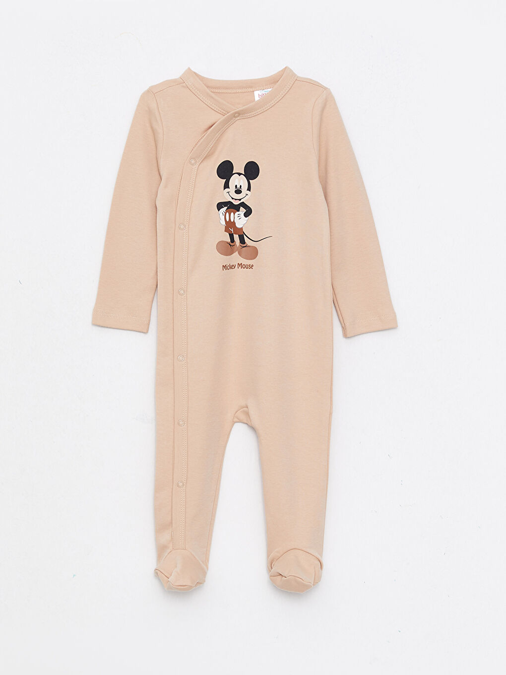 Bej Uzun Kollu Mickey Mouse Baksılı Pamuklu Erkek Bebek Tulum 2'li-1