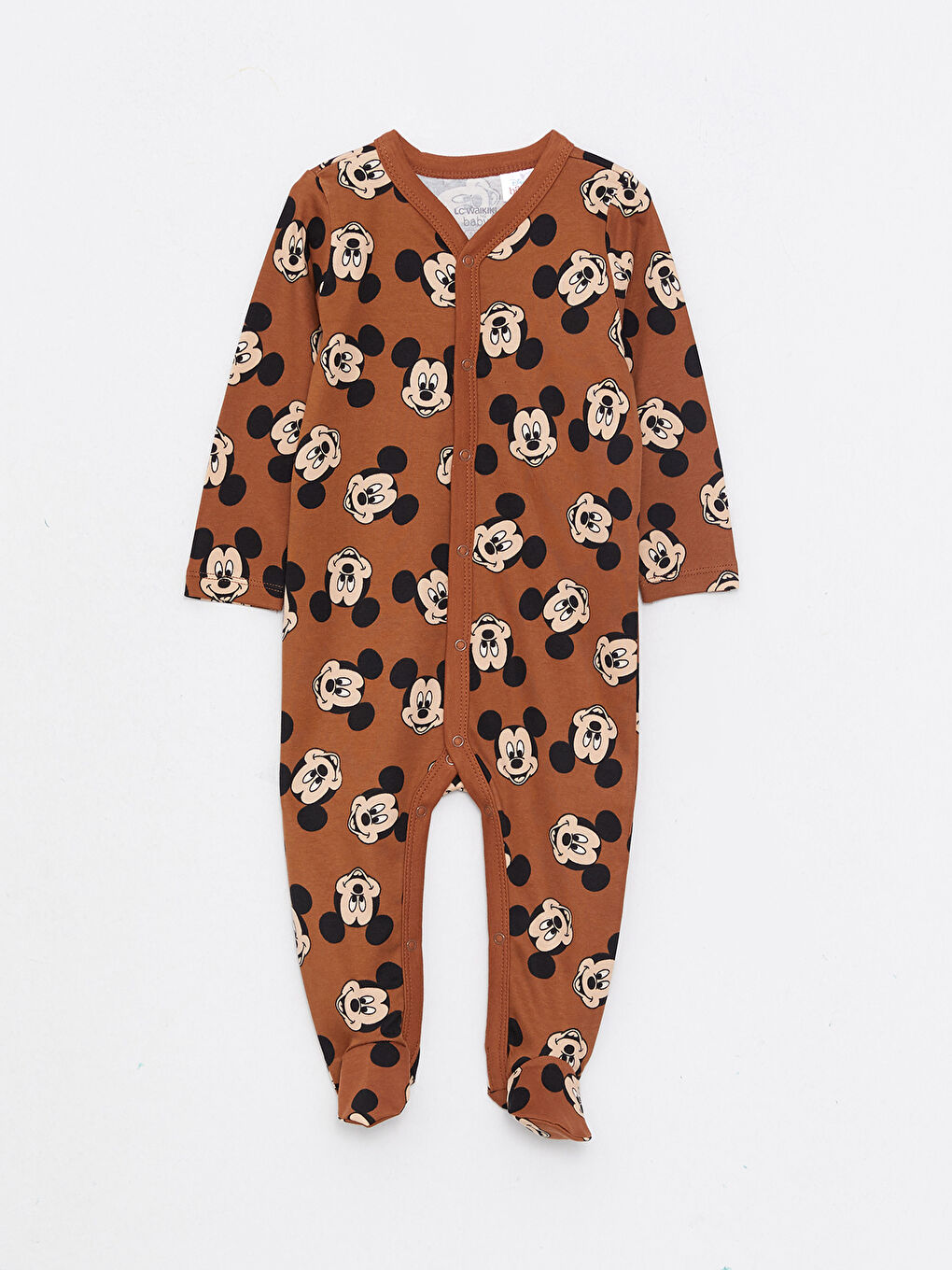 Bej Uzun Kollu Mickey Mouse Baksılı Pamuklu Erkek Bebek Tulum 2'li-2