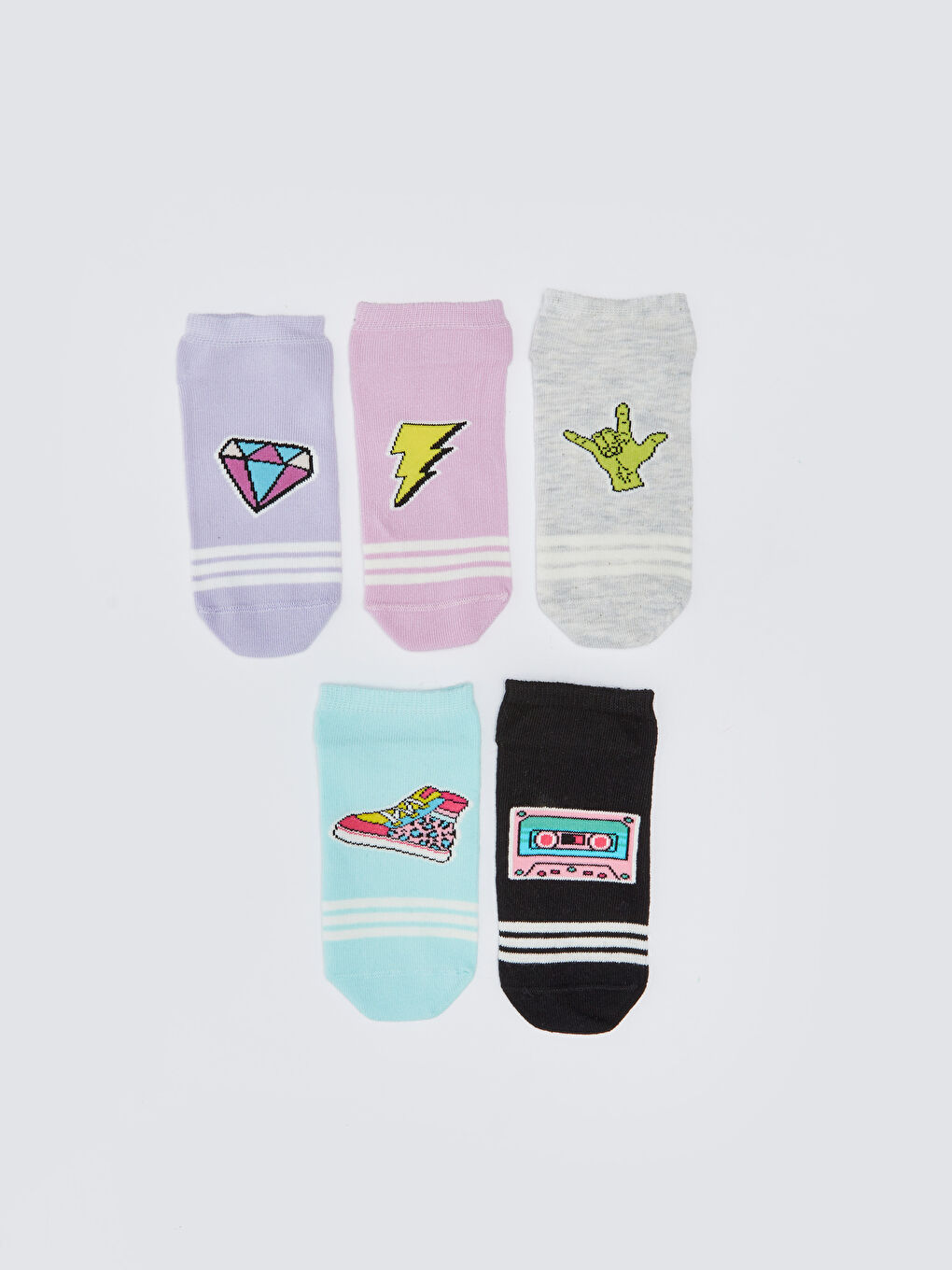 Lila Desenli Kız Çocuk Patik Çorap 5'li-1