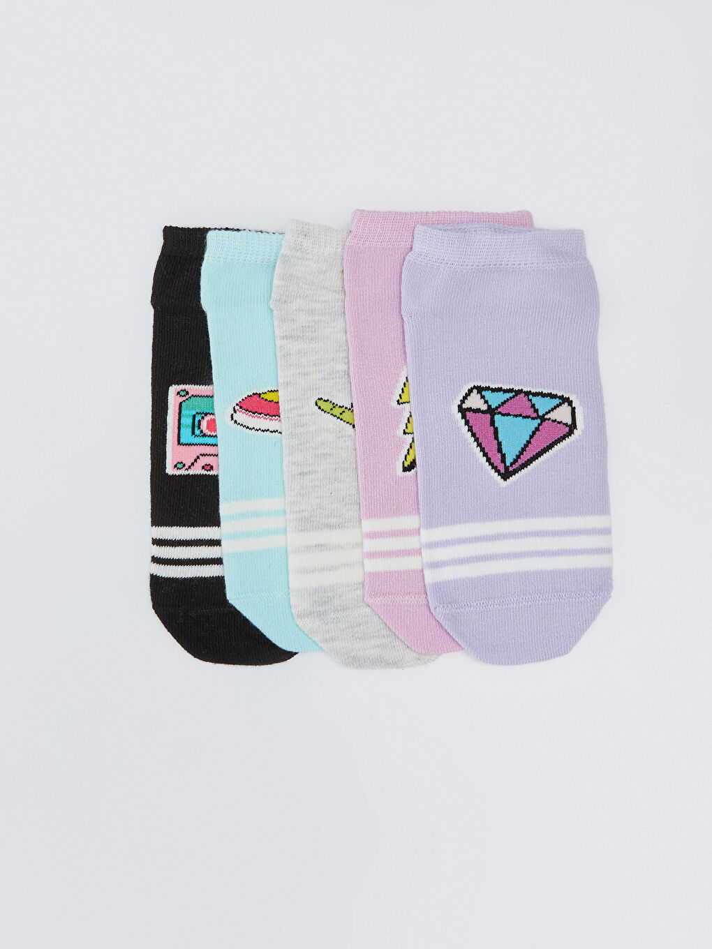 Lila Desenli Kız Çocuk Patik Çorap 5'li