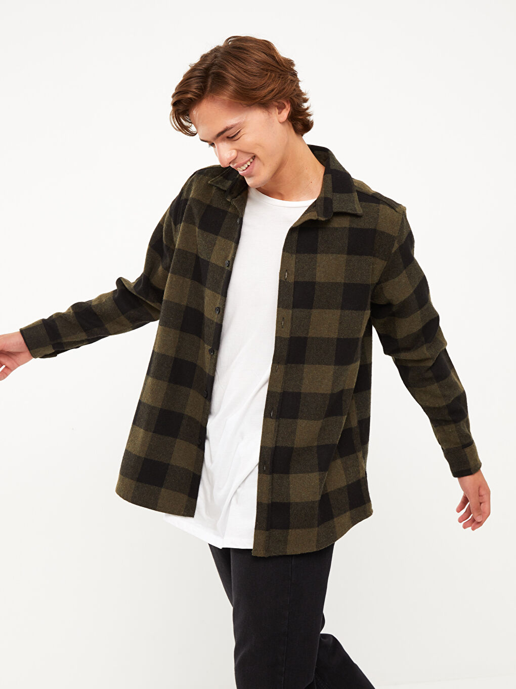 Haki Regular Fit Uzun Kollu Ekose Erkek Oduncu Gömlek