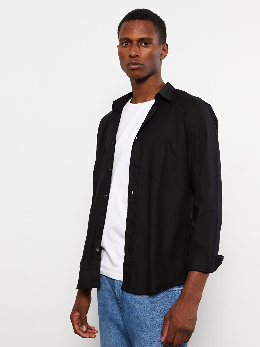 Ерлерге арналған тар пішім ұзын жең саржа жейде-4