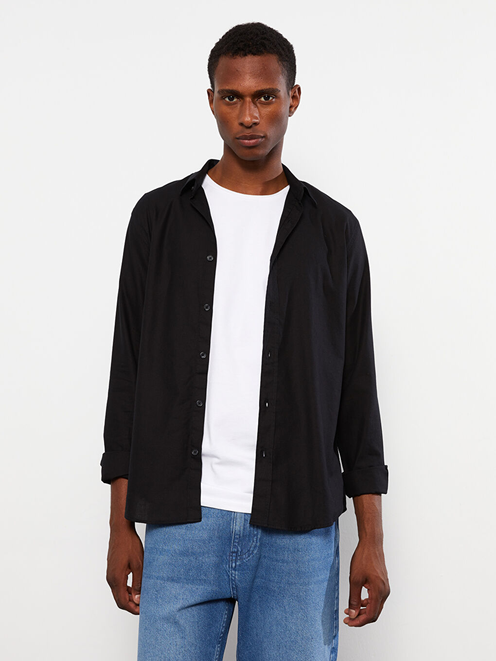 Ерлерге арналған тар пішім ұзын жең саржа жейде-5