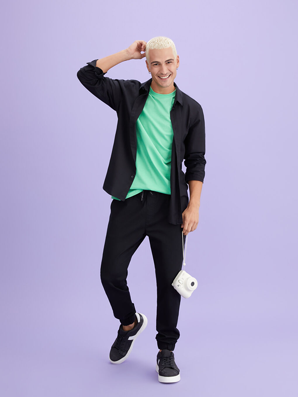 Ерлерге арналған тар пішім ұзын жең саржа жейде-1