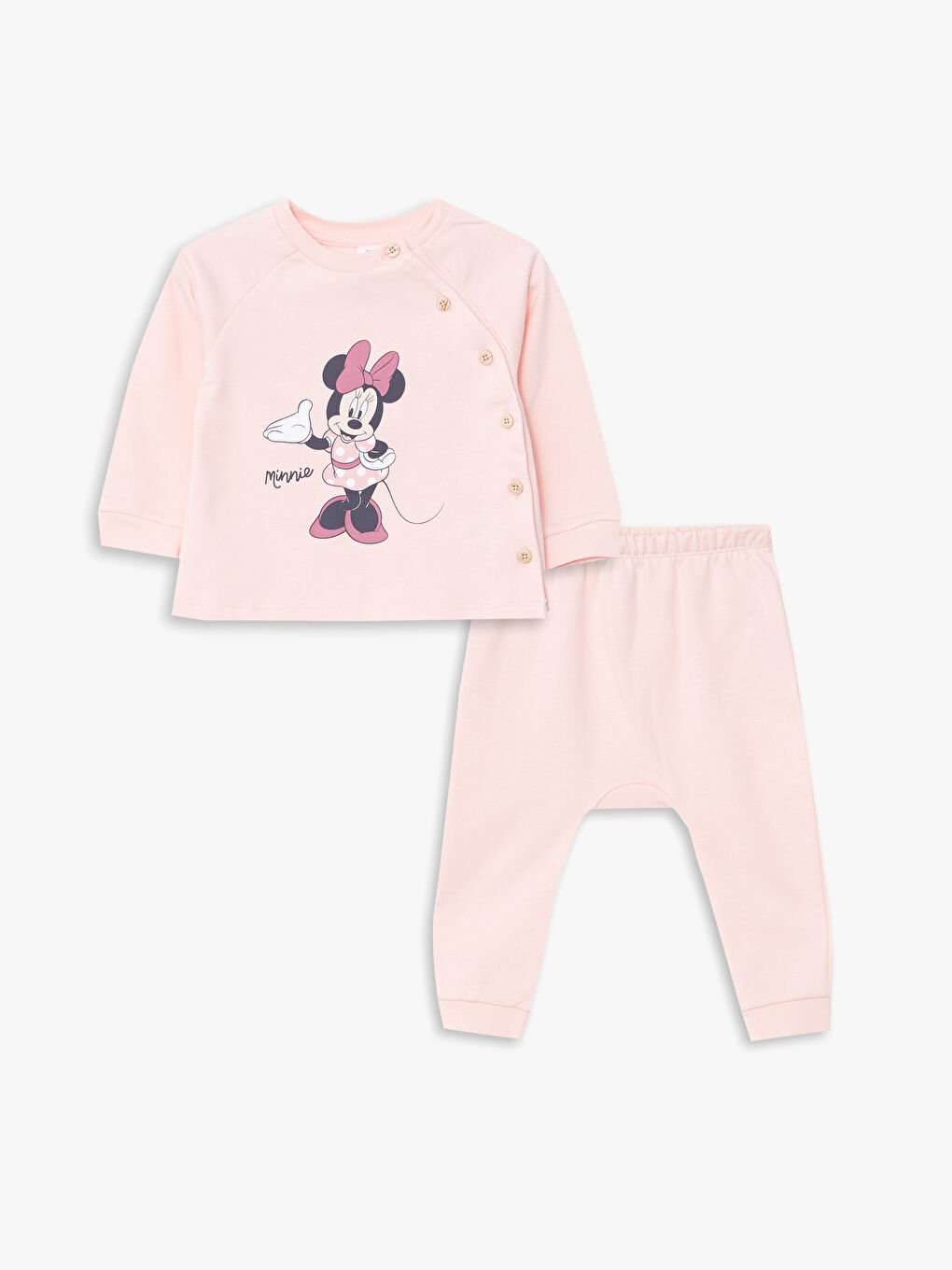 LCW baby Pembe Bisiklet Yaka Uzun Kollu Minnie Mouse Baskılı Kız Bebek Hırka ve Pantolon 2'li Takım - 4