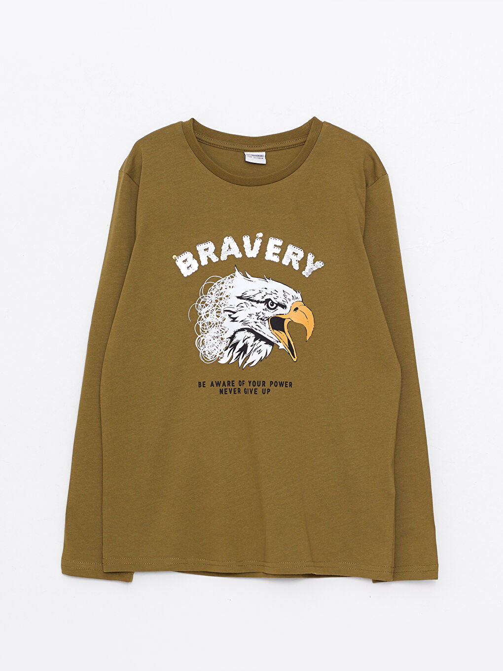 Haki Bisiklet Yaka Baskılı Uzun Kollu Pamuklu Erkek Çocuk Tişört