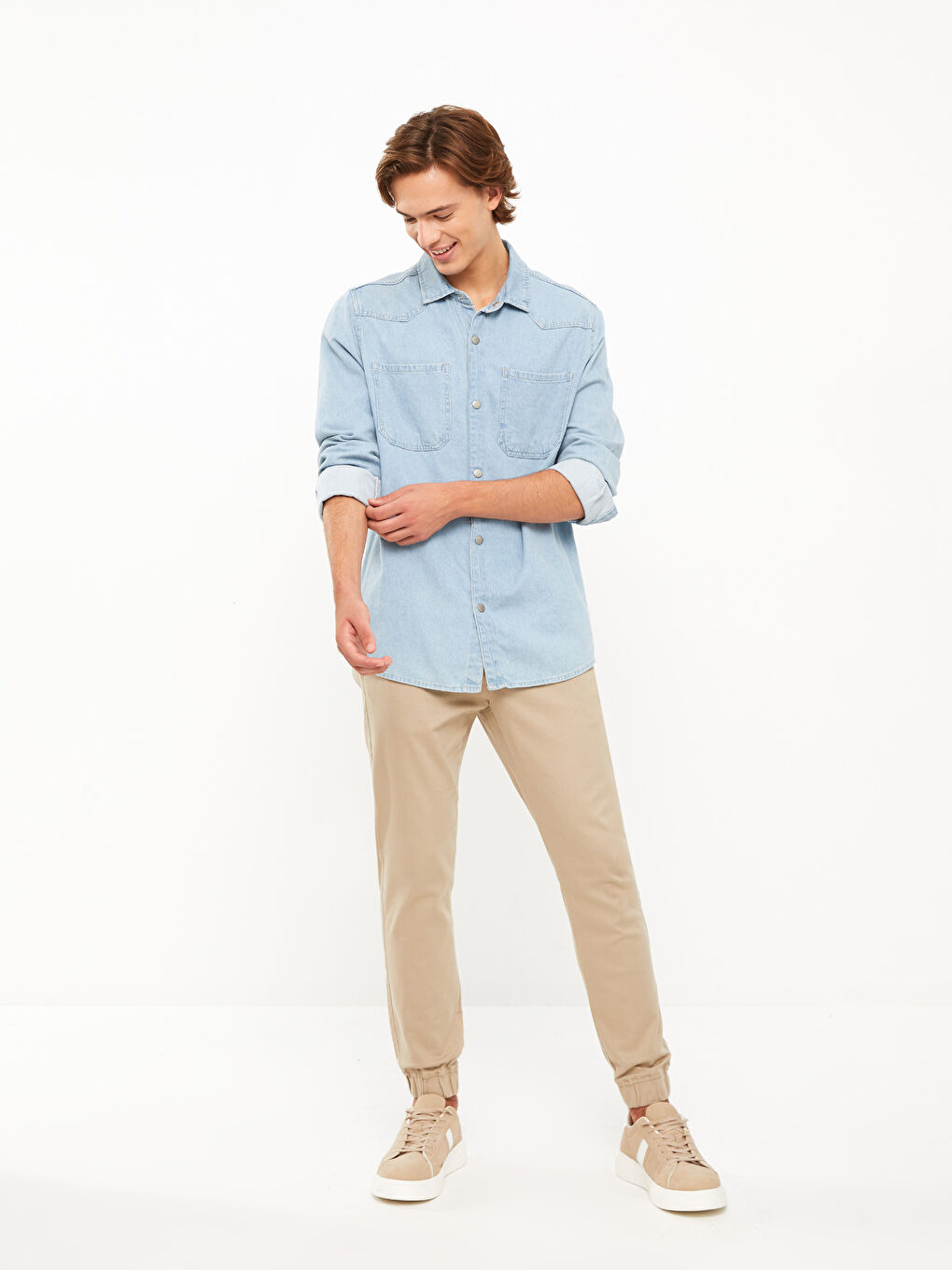 Bej Slim Fit Gabardin Erkek Jogger Pantolon-1