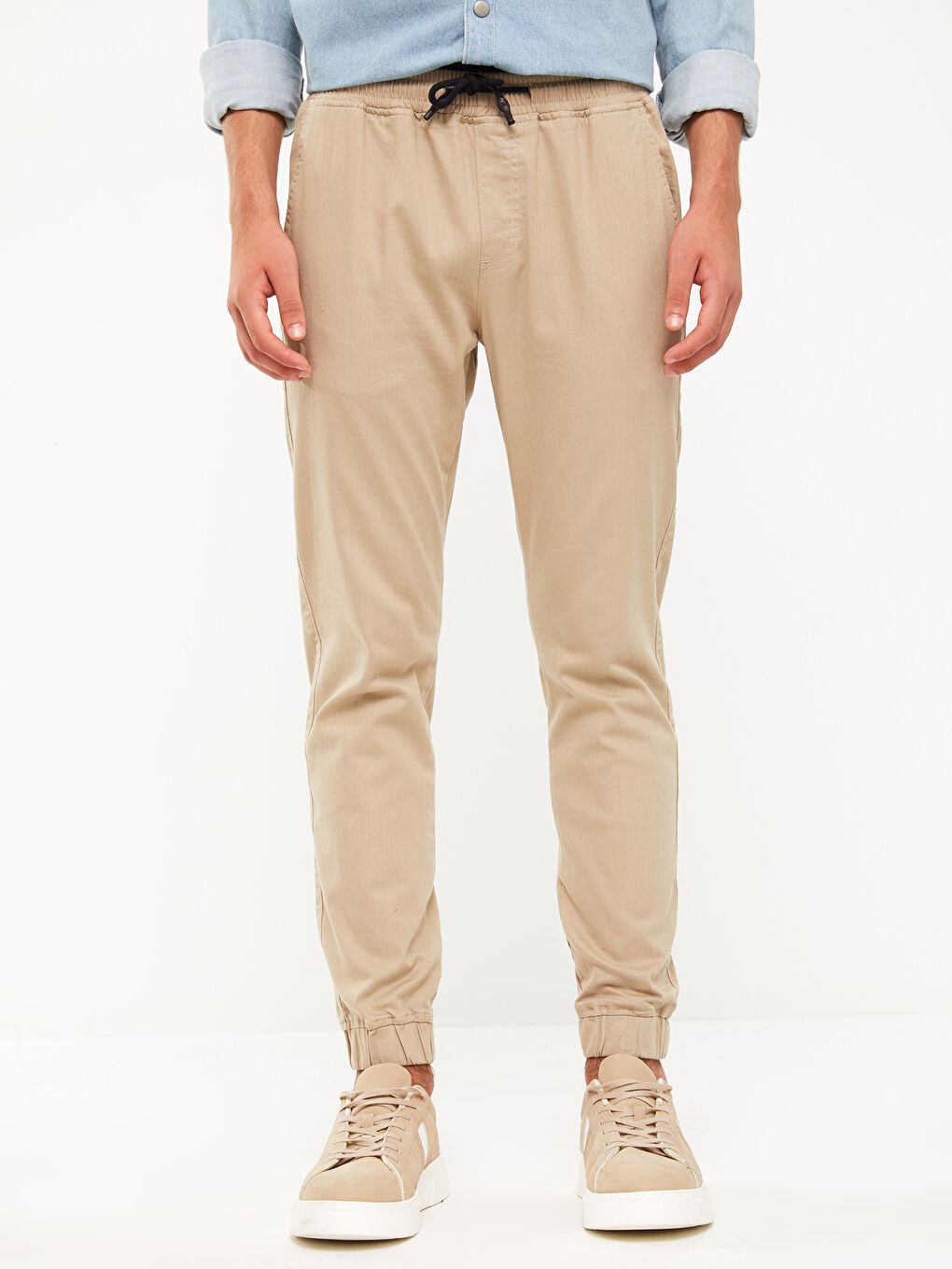 Bej Slim Fit Gabardin Erkek Jogger Pantolon-2