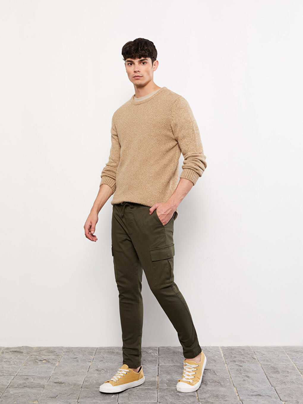 Haki Slim Fit Gabardin Erkek Kargo Pantolon-1