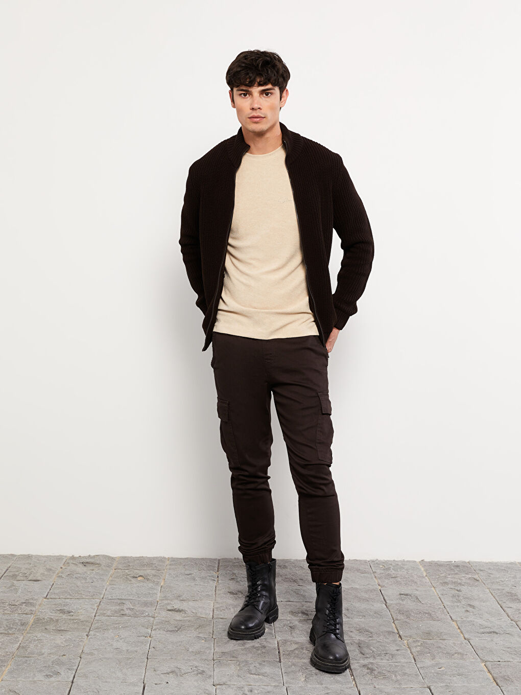 Kahverengi Slim Fit Gabardin Erkek Jogger Pantolon-1