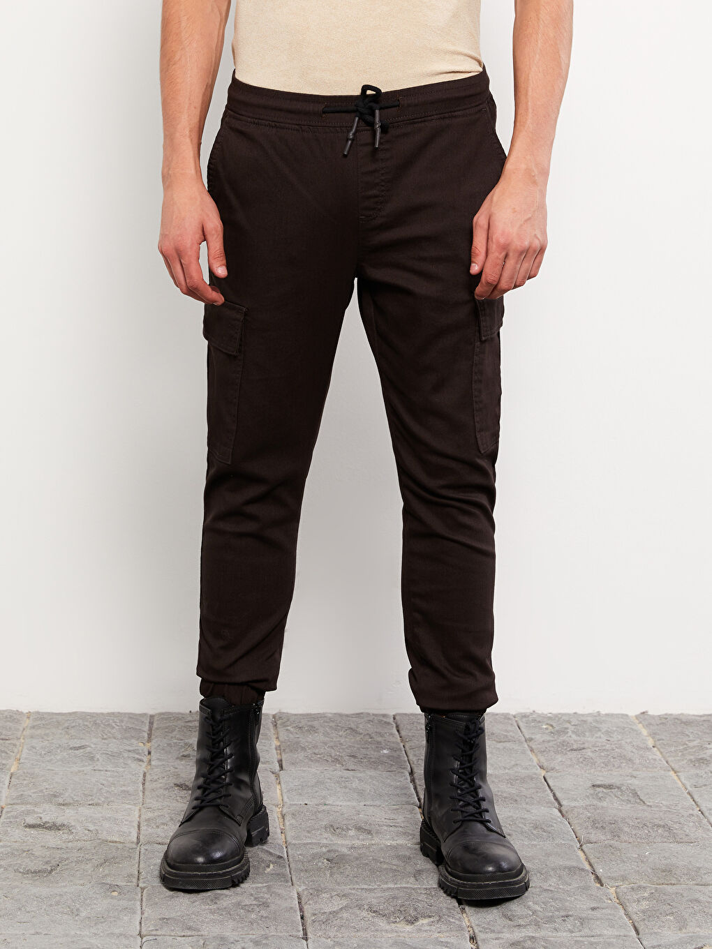 Kahverengi Slim Fit Gabardin Erkek Jogger Pantolon-2