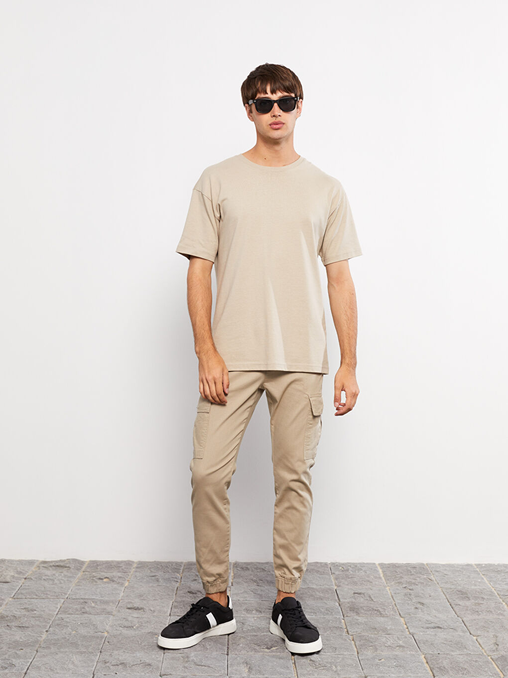 Bej Slim Fit Gabardin Erkek Jogger Pantolon-1