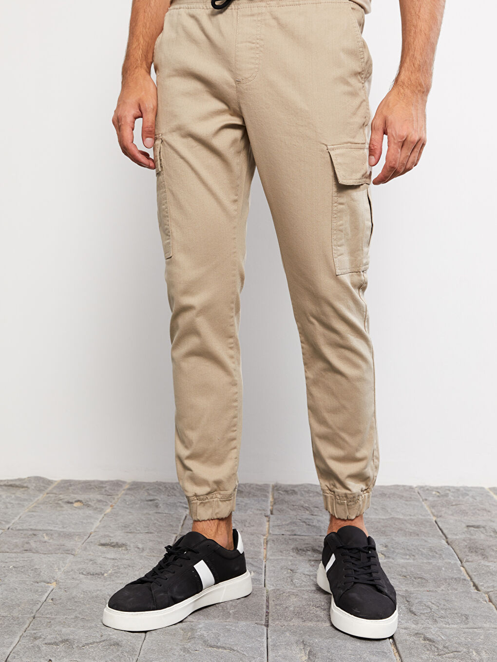 Bej Slim Fit Gabardin Erkek Jogger Pantolon-3