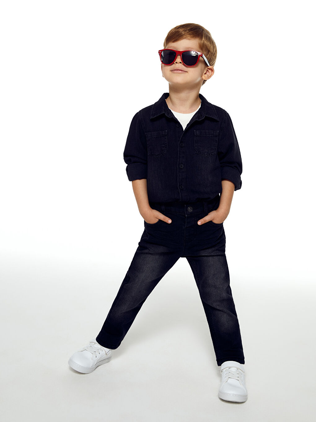 Siyah Uzun Kollu Basic Erkek Bebek Jean Gömlek-1