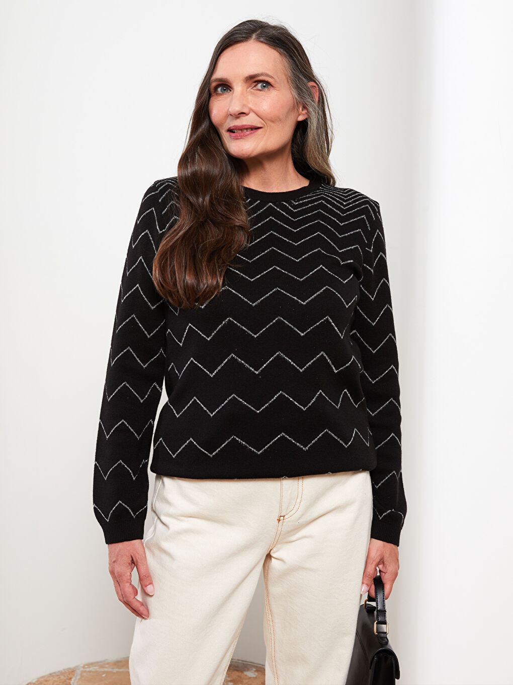 Crew Neck Patterned Long Sleeve Women's Knitwear Sweater -W25543Z8-CVL