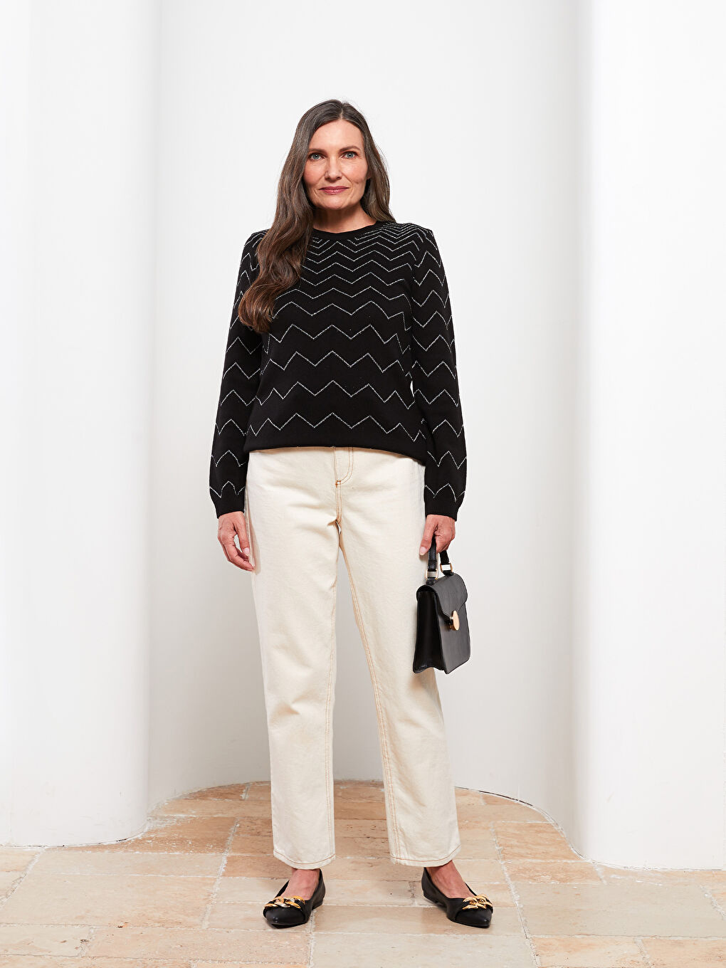 Crew Neck Patterned Long Sleeve Women's Knitwear Sweater -W25543Z8-CVL